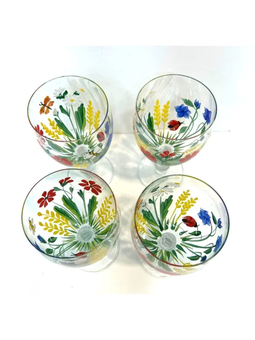 Vintage Floral Royal Danube Water Goblets Romania Set Of 4 Hand-Painted Glasses